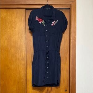 Velvet Heart Dark Navy Blue Embroidered Florak Button Mini Dress Drawstring - L